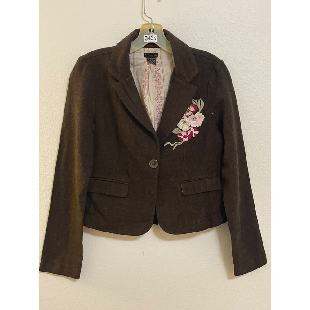 Fang Brown Herringbone Floral Embroidered Wool Blend Blazer M Boho Vtg Academia